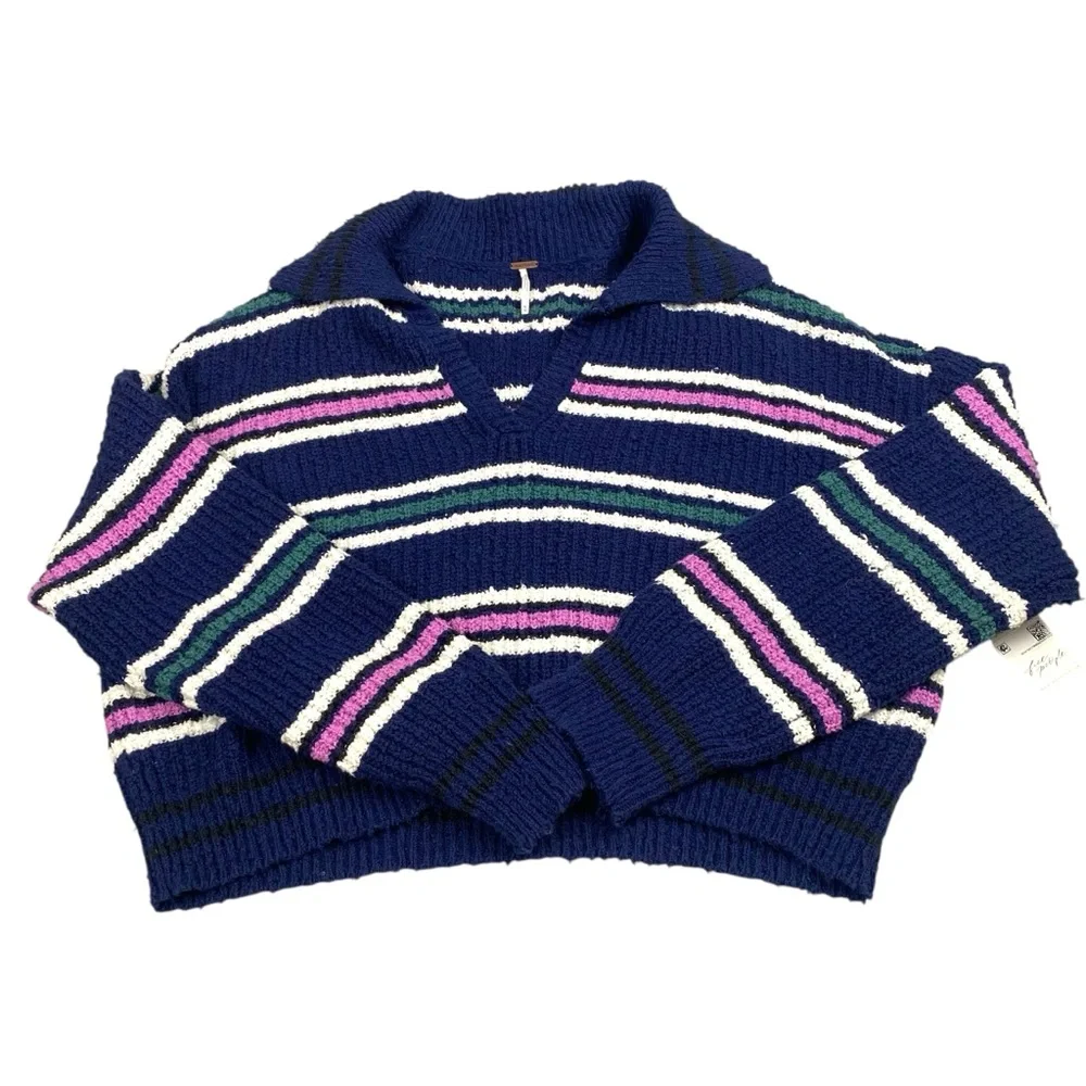 Free People NWT Kennedy Pullover Stripe Knit Sweater Size Medium Cropped Relaxed